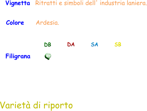 Vignetta  Ritratti e simboli dell' industria laniera. Colore    Ardesia. Filigrana DB DA SA SB Varietà di riporto