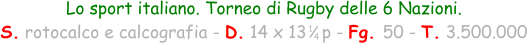 1 4 Lo sport italiano. Torneo di Rugby delle 6 Nazioni. S. rotocalco e calcografia - D. 14 x 13   p - Fg. 50 - T. 3.500.000