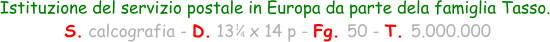 Istituzione del servizio postale in Europa da parte dela famiglia Tasso.  S. calcografia - D. 13   x 14 p - Fg. 50 - T. 5.000.000 1 4