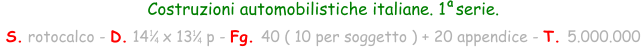 Costruzioni automobilistiche italiane. 1  serie.  S. rotocalco - D. 14   x 13   p - Fg. 40 ( 10 per soggetto ) + 20 appendice - T. 5.000.000 1 4 1 4 a