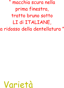 “ macchia scura nella  prima finestra,  tratto bruno sotto  LI di ITALIANE,  a ridosso della dentellatura ” Varietà