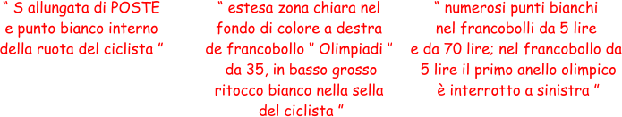 “ S allungata di POSTE  e punto bianco interno  della ruota del ciclista ” “ estesa zona chiara nel  fondo di colore a destra  de francobollo ‘’ Olimpiadi ‘’  da 35, in basso grosso  ritocco bianco nella sella  del ciclista ” “ numerosi punti bianchi  nel francobolli da 5 lire  e da 70 lire; nel francobollo da  5 lire il primo anello olimpico  è interrotto a sinistra ”