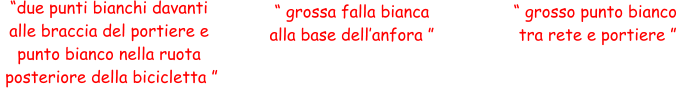 “due punti bianchi davanti  alle braccia del portiere e  punto bianco nella ruota  posteriore della bicicletta ” “ grossa falla bianca  alla base dell’anfora ” “ grosso punto bianco  tra rete e portiere ”