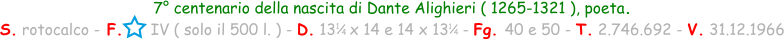 7° centenario della nascita di Dante Alighieri ( 1265-1321 ), poeta. S. rotocalco - F.      IV ( solo il 500 l. ) - D. 13   x 14 e 14 x 13   - Fg. 40 e 50 - T. 2.746.692 - V. 31.12.1966 1 / 4 1 / 4