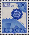 Simbolo CEPT e ruota dentata, azzurro e grigio.