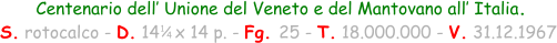 Centenario dell’ Unione del Veneto e del Mantovano all’ Italia. S. rotocalco - D. 14   x 14 p. - Fg. 25 - T. 18.000.000 - V. 31.12.1967 1 / 4