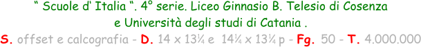 “ Scuole d‘ Italia “. 4° serie. Liceo Ginnasio B. Telesio di Cosenza  e Università degli studi di Catania . S. offset e calcografia - D. 14 x 13   e  14   x 13   p - Fg. 50 - T. 4.000.000 1 4 1 4 1 4