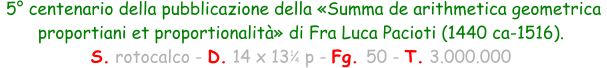 5° centenario della pubblicazione della «Summa de arithmetica geometrica  proportiani et proportionalità» di Fra Luca Pacioti (1440 ca-1516). S. rotocalco - D. 14 x 13   p - Fg. 50 - T. 3.000.000 1 4