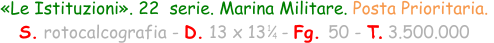 «Le Istituzioni». 22  serie. Marina Militare. Posta Prioritaria.  S. rotocalcografia - D. 13 x 13   - Fg. 50 - T. 3.500.000  1 4