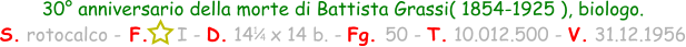 1 / 4 30° anniversario della morte di Battista Grassi( 1854-1925 ), biologo. S. rotocalco - F.     I - D. 14   x 14 b. - Fg. 50 - T. 10.012.500 - V. 31.12.1956