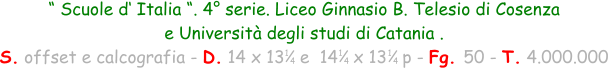 “ Scuole d‘ Italia “. 4° serie. Liceo Ginnasio B. Telesio di Cosenza  e Università degli studi di Catania . S. offset e calcografia - D. 14 x 13   e  14   x 13   p - Fg. 50 - T. 4.000.000 1 4 1 4 1 4