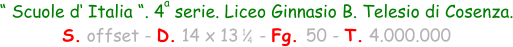 “ Scuole d‘ Italia “. 4  serie. Liceo Ginnasio B. Telesio di Cosenza. S. offset - D. 14 x 13    - Fg. 50 - T. 4.000.000 1 4 a