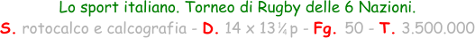 1 4 Lo sport italiano. Torneo di Rugby delle 6 Nazioni. S. rotocalco e calcografia - D. 14 x 13   p - Fg. 50 - T. 3.500.000