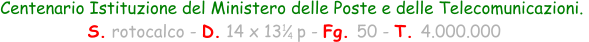 Centenario Istituzione del Ministero delle Poste e delle Telecomunicazioni.   S. rotocalco - D. 14 x 13   p - Fg. 50 - T. 4.000.000 1 4