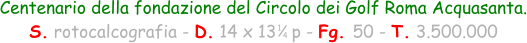 1 4 Centenario della fondazione del Circolo dei Golf Roma Acquasanta. S. rotocalcografia - D. 14 x 13   p - Fg. 50 - T. 3.500.000