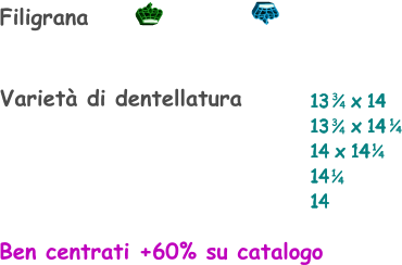 Filigrana Ben centrati +60% su catalogo Varietà di dentellatura 13    x 14 13    x 14 14 x 14 14  14    1 4 1 4 3 4 3 4 1 4
