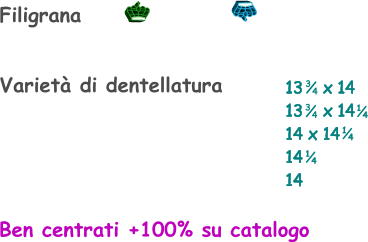 Varietà di dentellatura 13    x 14 13    x 14 14 x 14 14  14    1 4 1 4 3 4 3 4 1 4 Filigrana Ben centrati +100% su catalogo