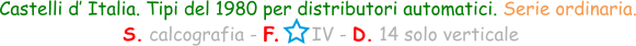 Castelli d’ Italia. Tipi del 1980 per distributori automatici. Serie ordinaria.  S. calcografia - F.      IV - D. 14 solo verticale