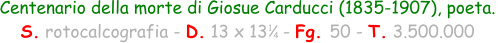 Centenario della morte di Giosue Carducci (1835-1907), poeta.  S. rotocalcografia - D. 13 x 13   - Fg. 50 - T. 3.500.000 1 4