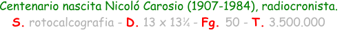 Centenario nascita Nicoló Carosio (1907-1984), radiocronista.  S. rotocalcografia - D. 13 x 13   - Fg. 50 - T. 3.500.000 1 4