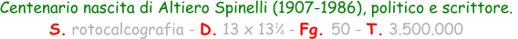 Centenario nascita di Altiero Spinelli (1907-1986), politico e scrittore.  S. rotocalcografia - D. 13 x 13   - Fg. 50 - T. 3.500.000 1 4