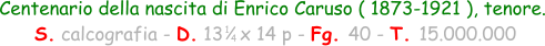 Centenario della nascita di Enrico Caruso ( 1873-1921 ), tenore.  S. calcografia - D. 13   x 14 p - Fg. 40 - T. 15.000.000 1 4