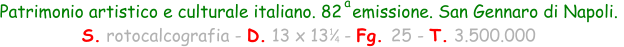 Patrimonio artistico e culturale italiano. 82  emissione. San Gennaro di Napoli.  S. rotocalcografia - D. 13 x 13   - Fg. 25 - T. 3.500.000 1 4 a