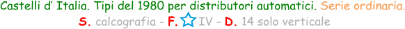 Castelli d’ Italia. Tipi del 1980 per distributori automatici. Serie ordinaria.  S. calcografia - F.      IV - D. 14 solo verticale