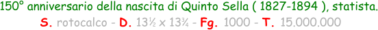 150° anniversario della nascita di Quinto Sella ( 1827-1894 ), statista.  S. rotocalco - D. 13   x 13   - Fg. 1000 - T. 15.000.000 1 2 3 4