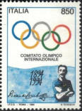 Anelli olimpici e Pierre de Coubertin, policromo.