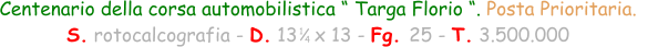 Centenario della corsa automobilistica “ Targa Florio “. Posta Prioritaria.   S. rotocalcografia - D. 13   x 13 - Fg. 25 - T. 3.500.000 1 4