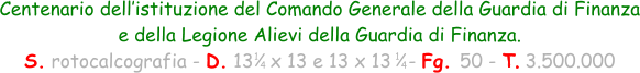 Centenario dell’istituzione del Comando Generale della Guardia di Finanza e della Legione Alievi della Guardia di Finanza.   S. rotocalcografia - D. 13   x 13 e 13 x 13   - Fg. 50 - T. 3.500.000  1 4 1 4